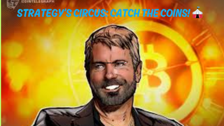 Michael Saylor holding Bitcoin with Strategy logo, laughing
