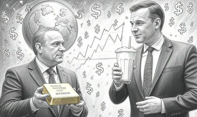 Peter Schiff Brent Johnson dollar predictions 2025 charcoal sketch with gold bar and milkshake
